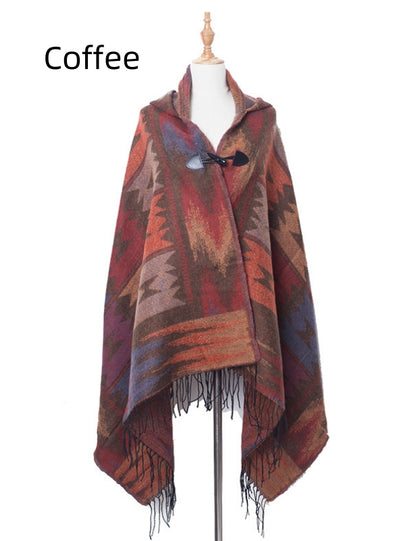 Bohemian National Wind Horn Buckle Hooded Shawl