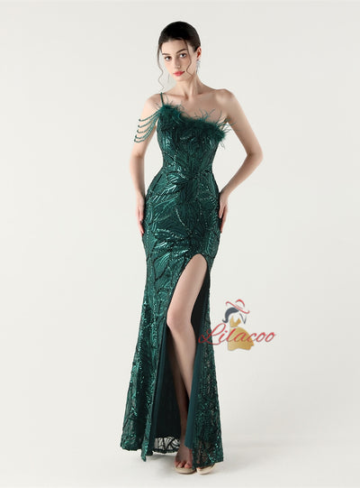 Mermaid Sequins One Shoulder Beading Prom Dress