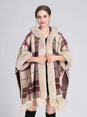 Large Size Fur Collar Plaid Fringed Cloak Shawl