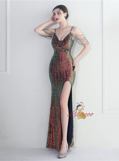 Mermaid Sequins Spaghetti Straps Beading Prom Dress