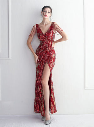 Deep V-neck Beading Prom Dress