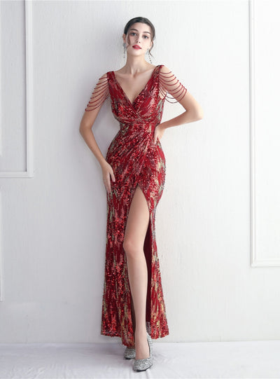 Deep V-neck Beading Prom Dress