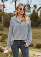 Solid Color Lapel Button Loose Long Sleeve Top