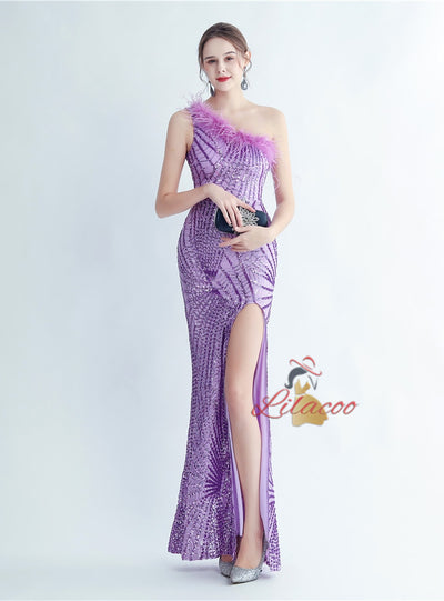 Mermaid Sequins One Shoulder Split Prom Dress