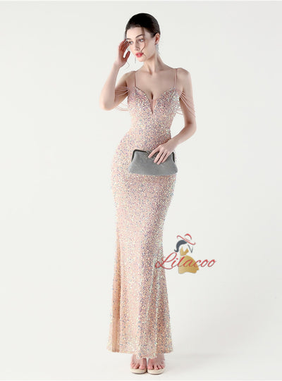 Mermaid Sequins Spaghetti Straps Beading Prom Dress