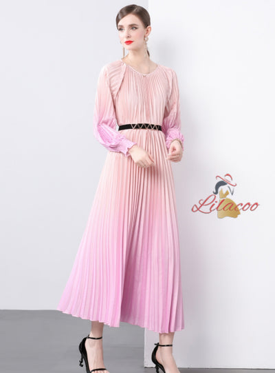Long Sleeve Print Oversized Pleated Dress