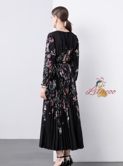 Pleated Print Oversized Pleated Dress