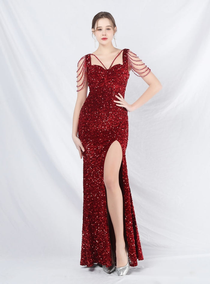 Straps Sequins Beading Split Prom Dress