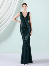 V-neck Mermaid Sequins Sleeveless Prom Dress