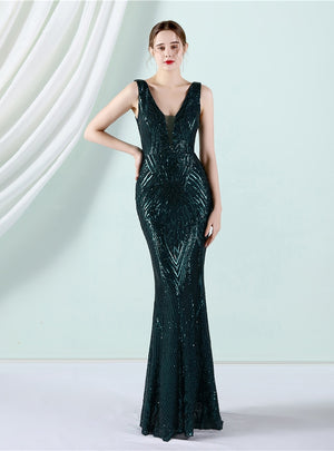 V-neck Mermaid Sequins Sleeveless Prom Dress