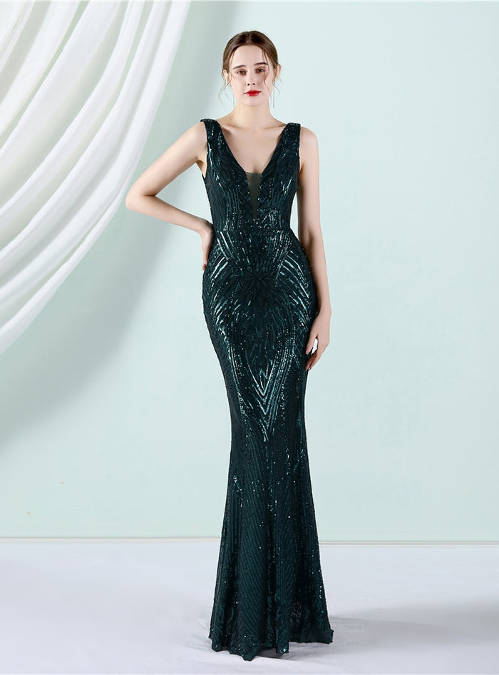 V-neck Mermaid Sequins Sleeveless Prom Dress