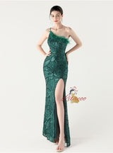 Mermaid One Shoulder Sequins Feather Prom Dress
