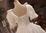 White Satin Lace Short Sleeve Bow Homecoming Dress