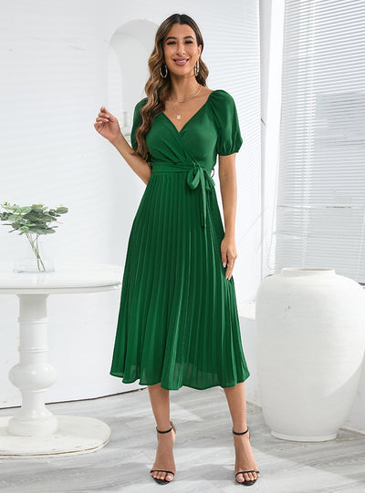 V-neck Pleated Lantern Sleeve Dress