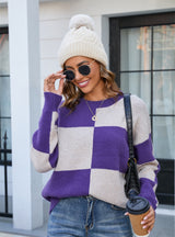 Casual Round Neck Plaid Sweater