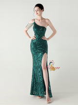 Mermaid Sequins One Shoulder Split Beading Prom Dress