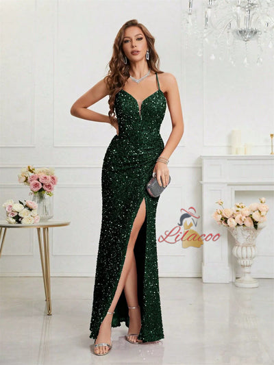 Pink Sequins V-neck Pleats Prom Dress