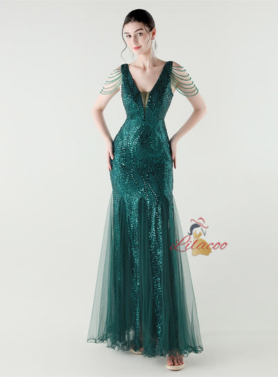 Mermaid Sequins Tulle V-neck Beading Prom Dress