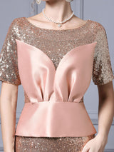 Burgundy Sequins Short Sleeve Mother Of The Bride Dress