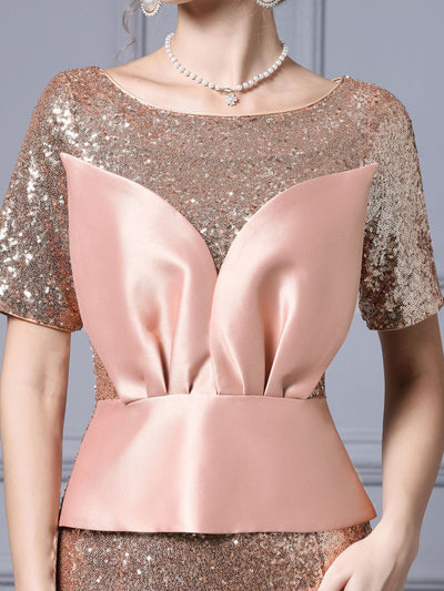 Burgundy Sequins Short Sleeve Mother Of The Bride Dress