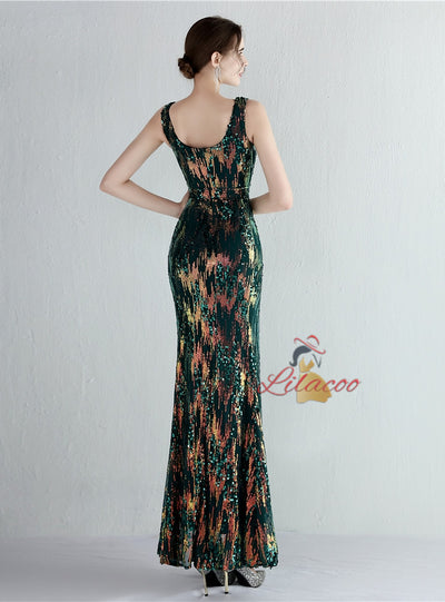 Mermaid V-neck Sequins Split Prom Dress