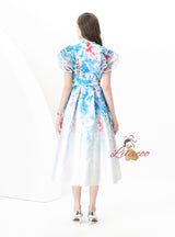 Lotus Leaf V-neck Slim Printed Long Dress