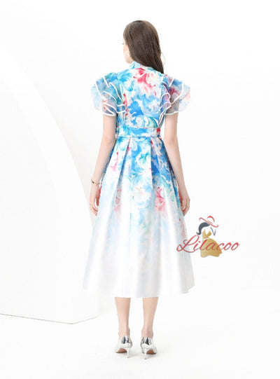 Lotus Leaf V-neck Slim Printed Long Dress