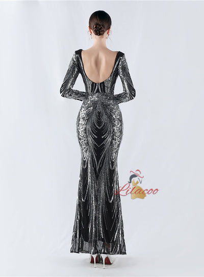 Long Sleeve Sequins V-neck Prom Dress