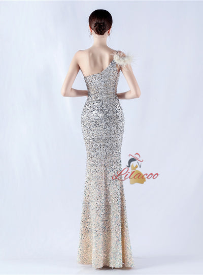 Sequins One Shoulder Split Prom Dress