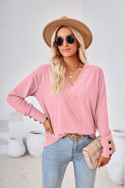 V-neck Jacquard Button Loose T-shirt