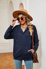 Button Drawstring Pocket Long Sleeve Top