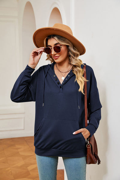 Button Drawstring Pocket Long Sleeve Top