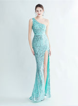 Mermaid One Shoulder Sequins Split Prom Dress