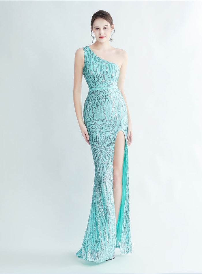 Mermaid One Shoulder Sequins Split Prom Dress