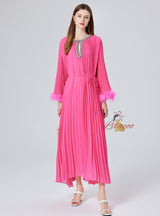 Diamond Beaded Feather Stitching Pleated Loose Dress