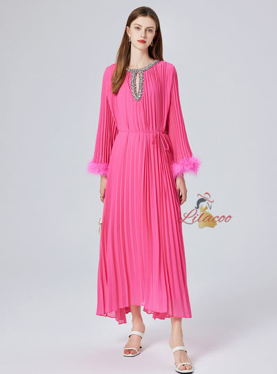 Diamond Beaded Feather Stitching Pleated Loose Dress