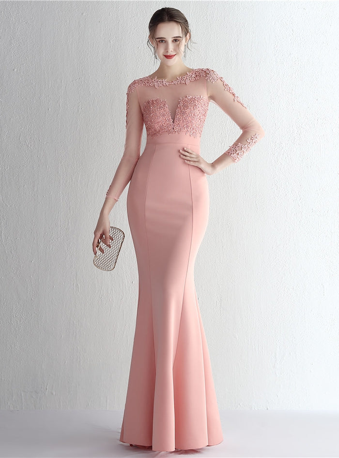 Long Sleeve Mermaid Appliques Prom Dress