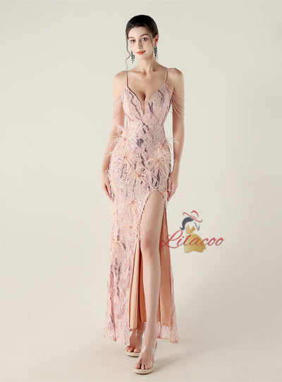 Mermaid Sequins Spaghetti Straps Feather Prom Dress