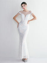 Scoop Neck Sequins Cap Sleeve Beading Prom Dress