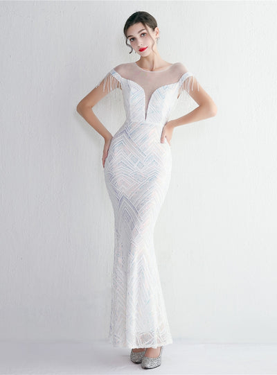 Scoop Neck Sequins Cap Sleeve Beading Prom Dress