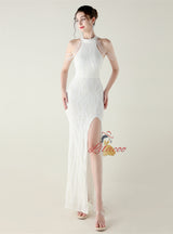 Mermaid Sequins Halter Backless Beading Prom Dress