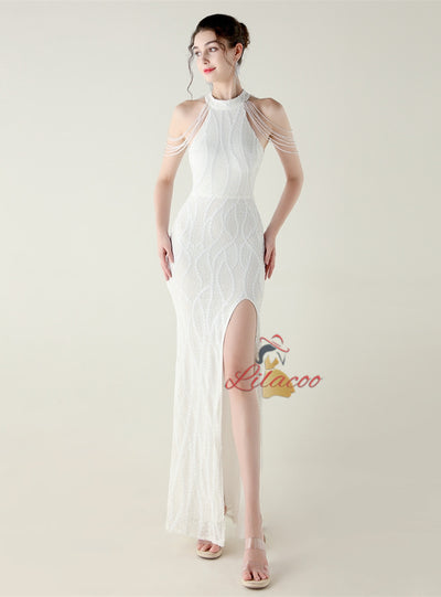 Mermaid Sequins Halter Backless Beading Prom Dress