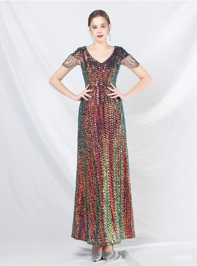 V-neck Sequins Cap Sleeve Beading Prom Dress