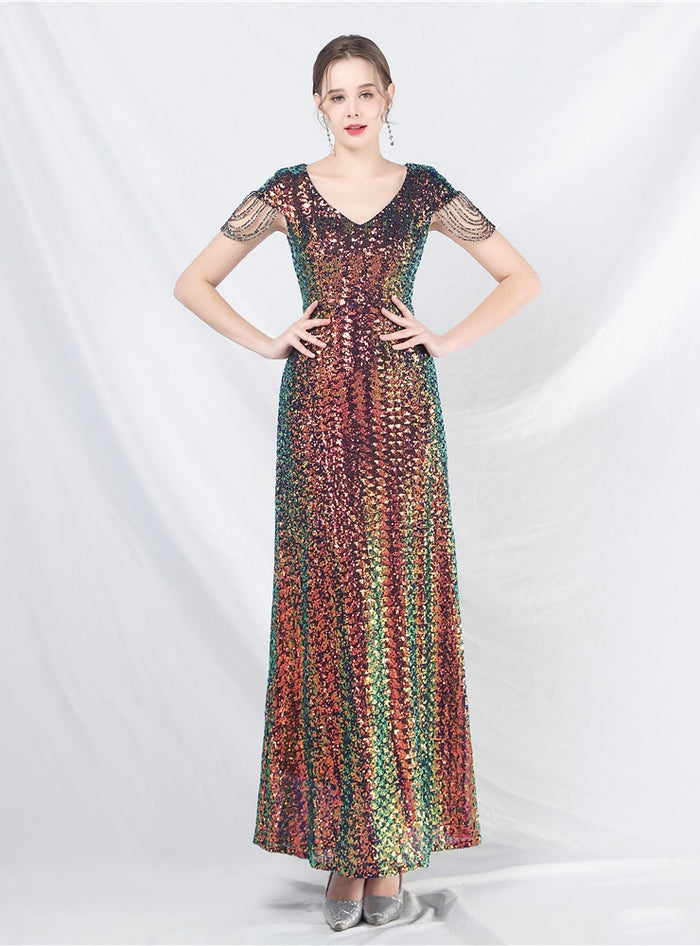 V-neck Sequins Cap Sleeve Beading Prom Dress