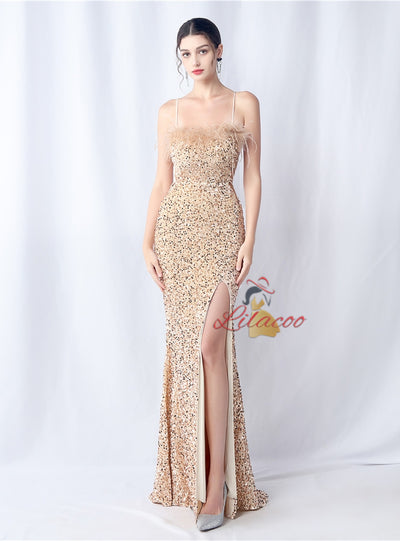 Mermaid Sequins Spaghetti Straps Backless Prom Dress