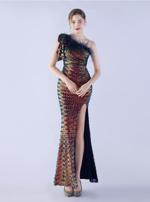 One Shoulder Split Sequins Prom Dress