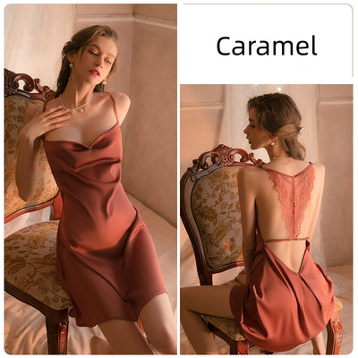 Lace Backless Satin Suspender Pajamas
