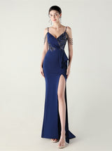 Mermaid Spaghetti Straps Beading Split Prom Dress