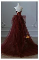 Burgundy Mermaid Sequins Tulle Crystal Prom Dress