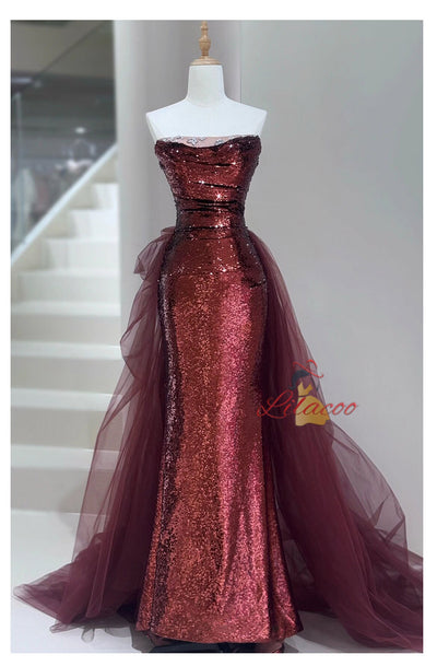 Burgundy Mermaid Sequins Tulle Crystal Prom Dress